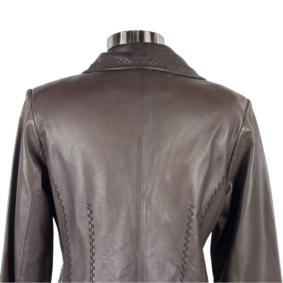 JONES NEW YORK 90S ZIP FRONT STITCHED TRIM TAILORED CLASSIC BROWN LEATHER JACKET - Picture 10 of 14